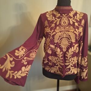 Bohemian Embroidered Ethnic Bell Sleeve Top XS